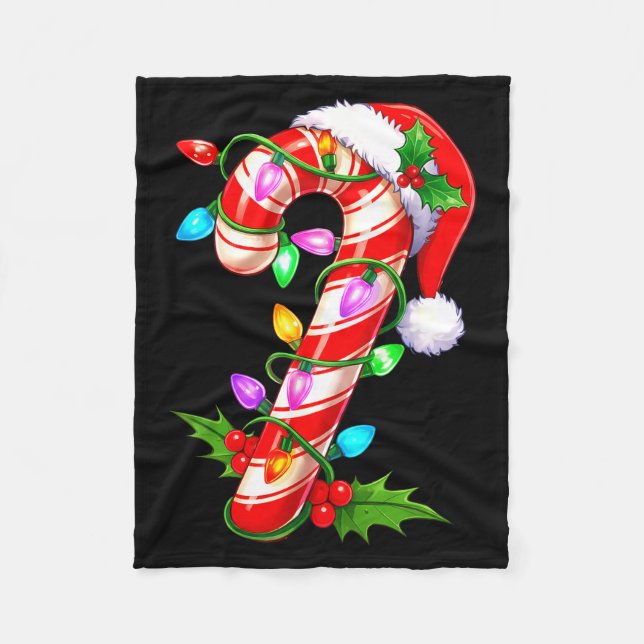 Red &amp; White Candy Cane Crew Christmas Santa Ha Fleece Blanket (Front)