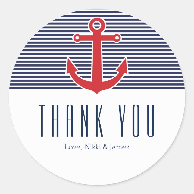 Red Anchor Nautical Blue & White Striped Stickers (Front)