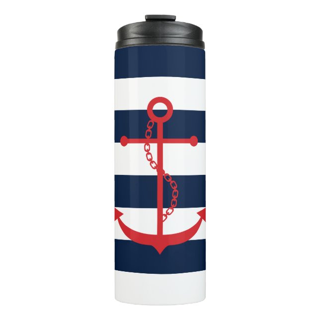 Red Anchor on Blue Stripes Thermal Tumbler (Front)