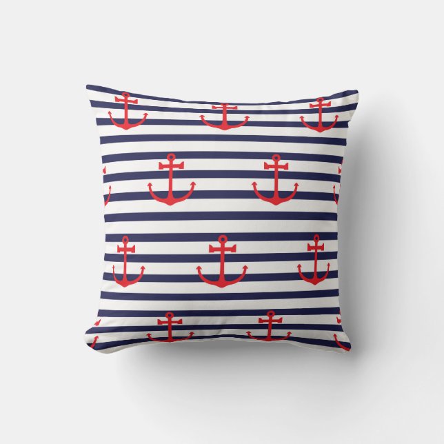 Red Anchor Pattern On Navy Blue Striped Background Throw Pillow (Front)
