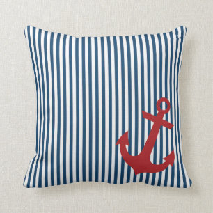 Red Anchor with Nautical Blue Salior Stripes Throw Pillow