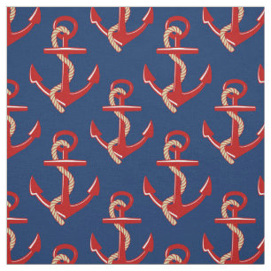 Red Anchors Nautical Pattern on Dark Blue Fabric