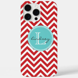 Red and Aqua Chevron with Custom Monogram iPhone 16 Pro Max Case