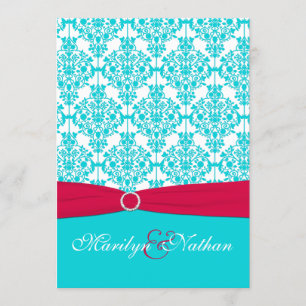 Red and Aqua Damask Wedding Invitation