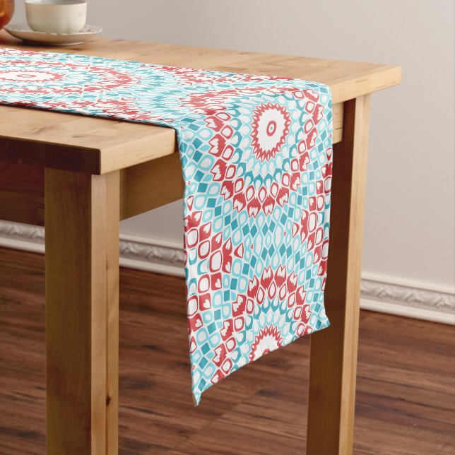 Red and Aqua Geometric Mandala Pattern Medium Table Runner (In Situ)