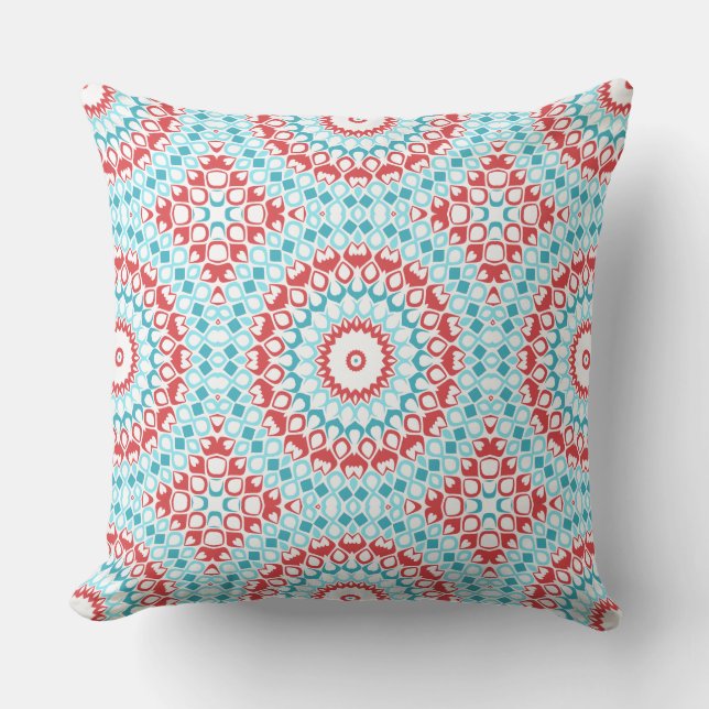 Red and Aqua Geometric Mandala Pattern Throw Pillow (Front)