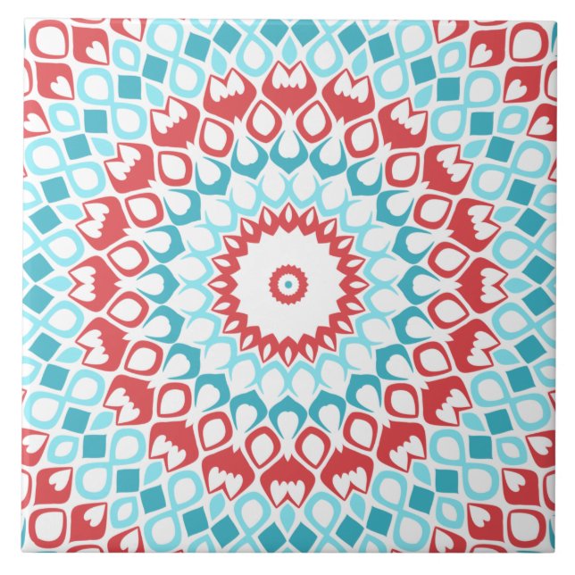 Red and Aqua Geometric Mandala Pattern Tile (Front)