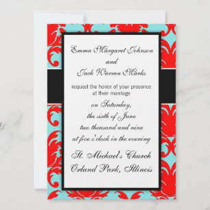red and aqua lovely formal damask invitation