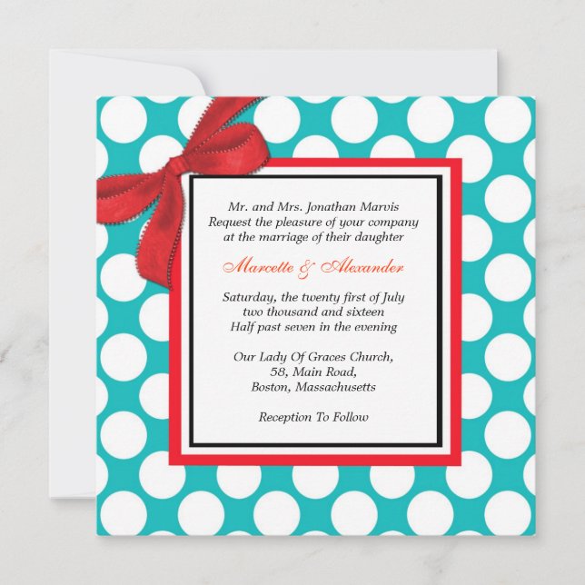 Red and Aqua Polka Dot Wedding Invitation (Front)