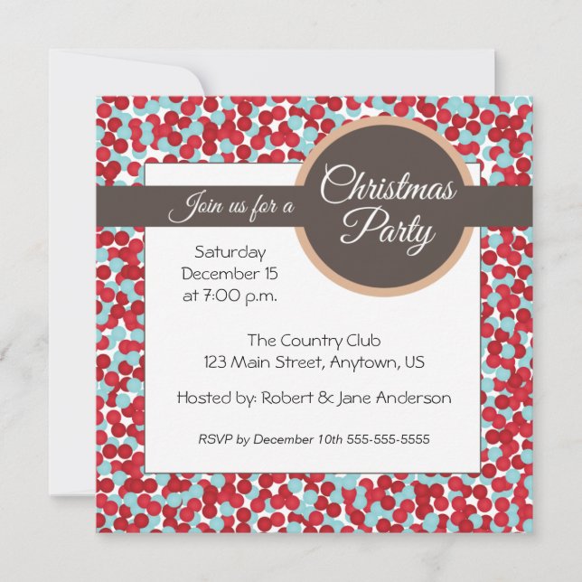 Red and aqua polka dots Christmas Party Invitation (Front)