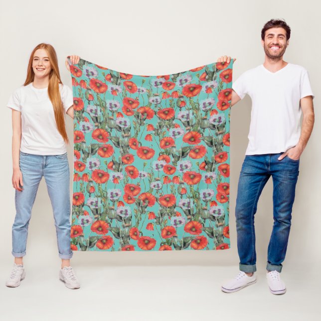 Red and Aqua Poppies Pattern  Fleece Blanket (In Situ)