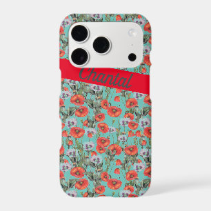 Red and Aqua Poppies Pattern Personalized