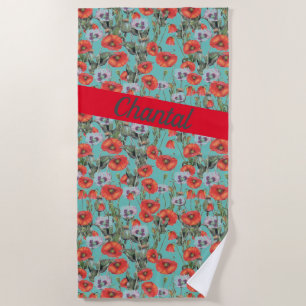 Red and Aqua Poppies Pattern Personalized Beach Towel