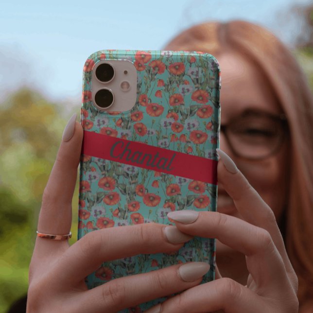 Red and Aqua Poppies Pattern Personalized  Case-Mate iPhone Case (Creator Uploaded)