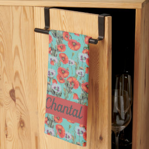 Red and Aqua Poppies Pattern Personalized  Kitchen Towel