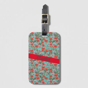 Red and Aqua Poppies Pattern Personalized Luggage Tag