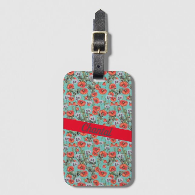 Red and Aqua Poppies Pattern Personalized  Luggage Tag (Front Vertical)