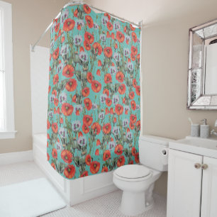Red and Aqua Poppies Pattern Shower Curtain