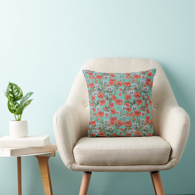 Red and Aqua Poppies Pattern Throw Pillow (Chair)