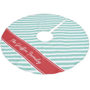 Red and Aqua Preppy Stripes Monogram Brushed Polyester Tree Skirt