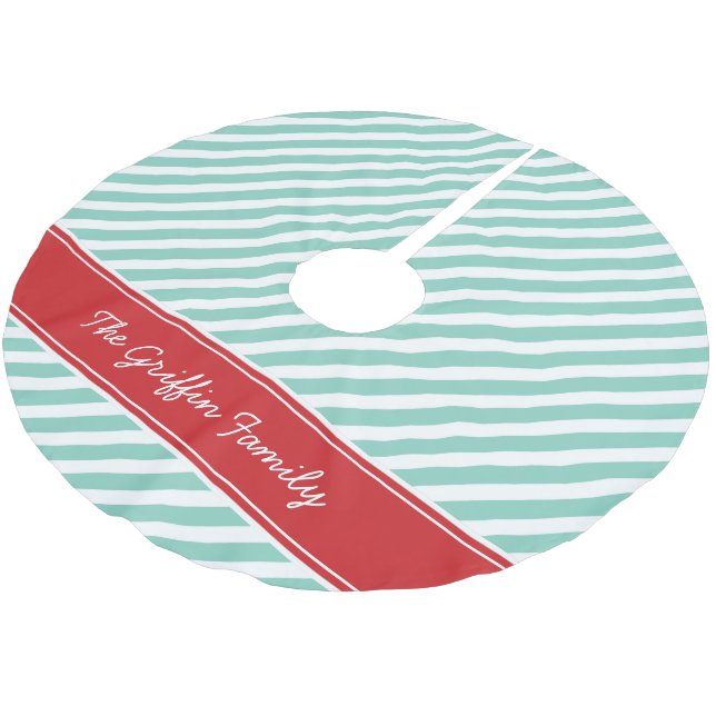 Red and Aqua Preppy Stripes Monogram Brushed Polyester Tree Skirt (Angled)