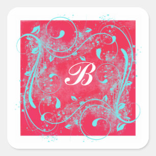 Red and Aqua Swirls 1.5" Monogrammed Sticker
