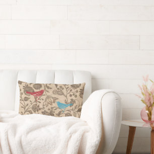 Red and Aqua Vintage Modern Floral Bird Pattern Lumbar Pillow