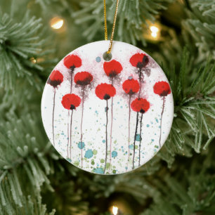 Red and Aqua Watercolor Flowers Ceramic Ornament