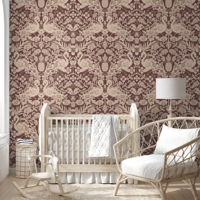 Red and Beige Flamingo Floral Damask Wallpaper (Kids)