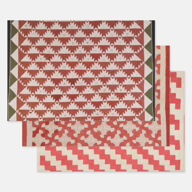 Red and beige quilt designs wrapping paper sheet (Set)