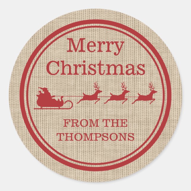 Red And Beige Santa Sleigh Christmas & Custom Text Classic Round Sticker (Front)