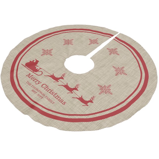 Red And Beige Santa Sleigh Christmas & Family Name Brushed Polyester Tree Skirt (Angled)
