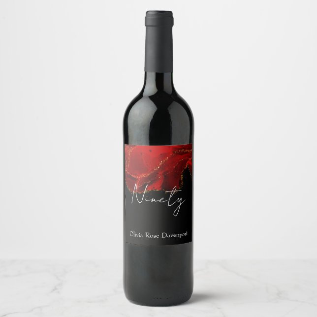 Red and Black Alcohol Ink 90th Birthday Party Wine Label (Front)
