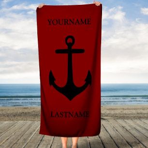 Red and Black Anchor Custom Name and Last Name Beach Towel