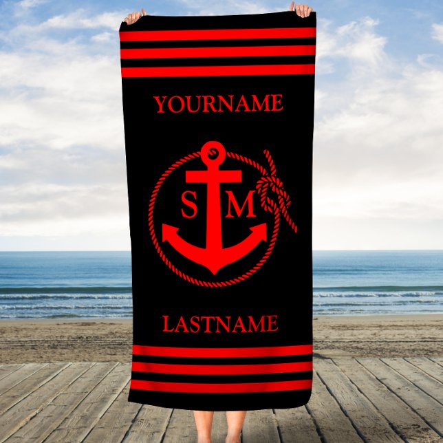 Red and Black Anchor Rope Personalized Beach Towel (Creator Uploaded)