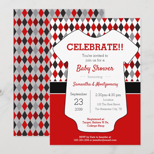 Red and Black Argyle Patterned Baby Shower Invitation (Front/Back)