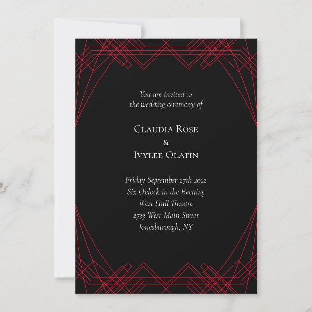 Red and Black Art Deco Gothic Wedding Invitation (Front)
