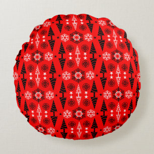 Red And Black Art Nouveau Christmas Round Pillow