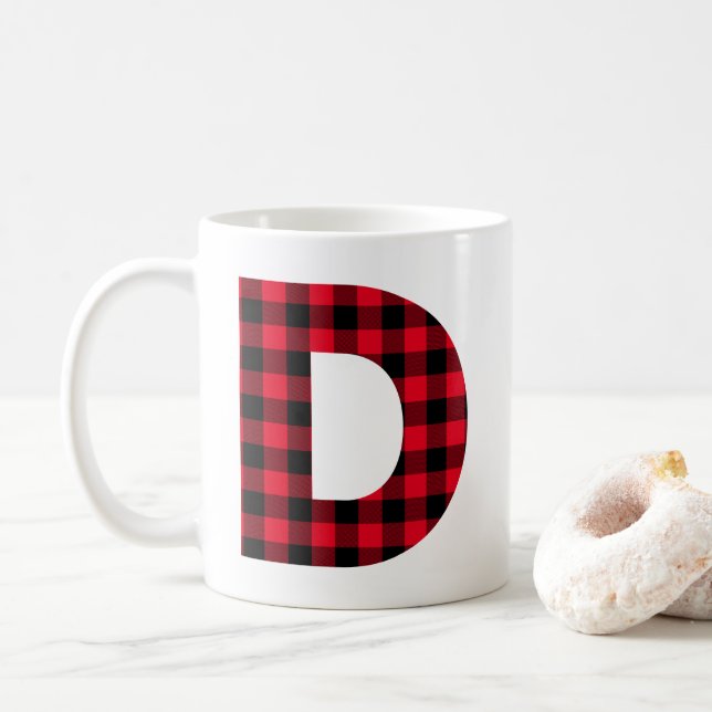Red and Black Buffalo Check Bold Letter D Monogram Coffee Mug (With Donut)