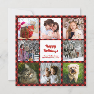Red and Black Buffalo Check Eight Custom Photos Holiday Card