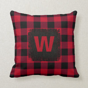 Red and Black Buffalo Check Mongram Throw Pillow