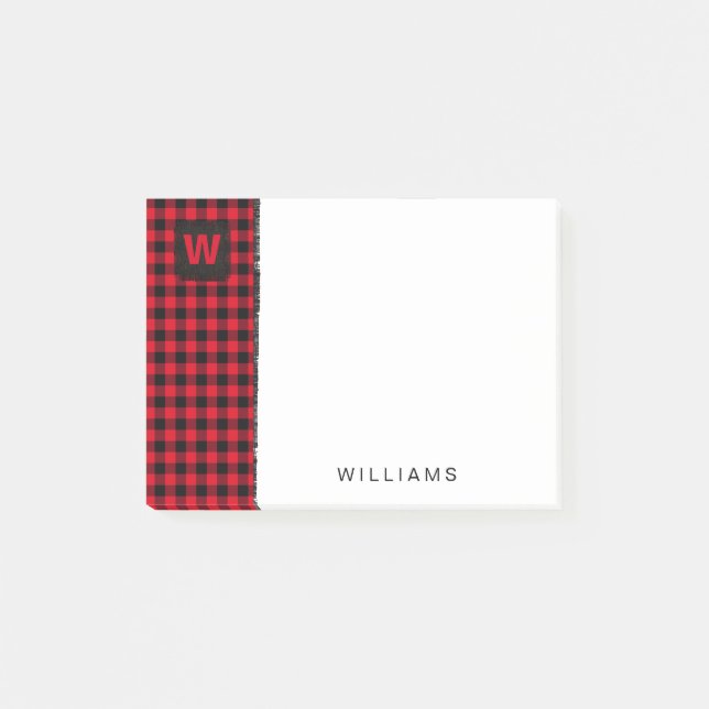 Red and Black Buffalo Check Monogram 4 x 3 Post-it Notes (Front)