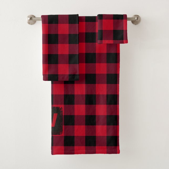 Red and Black Buffalo Check Monogram Bath Towel Set (Insitu)