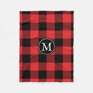 Red and Black Buffalo Check Monogram Fleece Blanket