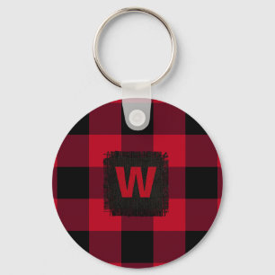 Red and Black Buffalo Check Monogram Keychain