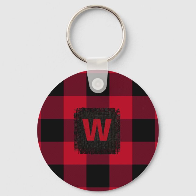 Red and Black Buffalo Check Monogram Keychain (Front)