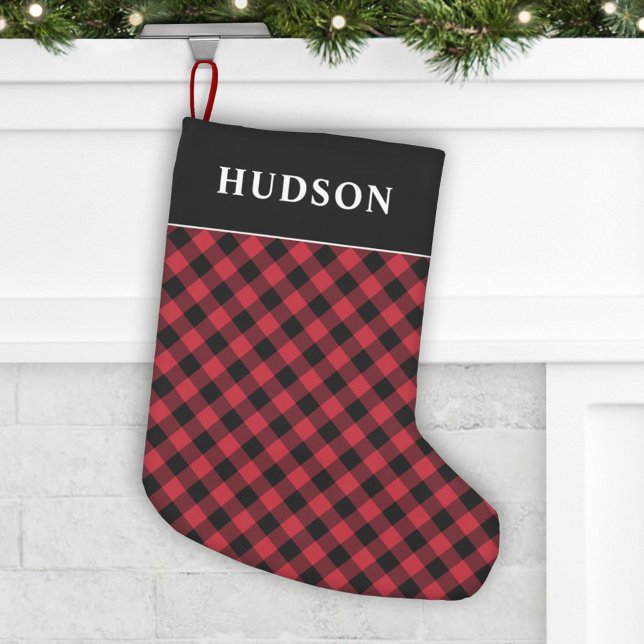 Red and Black Buffalo Check Plaid Holiday Monogram Small Christmas Stocking (Creator Uploaded)