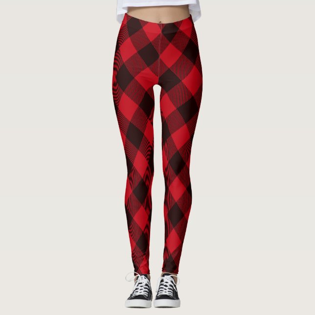 Red and Black Buffalo Check Plaid Winter Pattern Leggings (Front)
