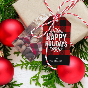 Red and Black Buffalo Check Rustic Holiday Photo Gift Tags