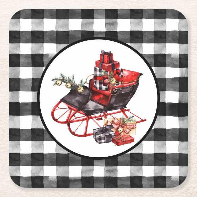 Red and Black Buffalo Check Sleigh and Packages Square Paper Coaster (Front)